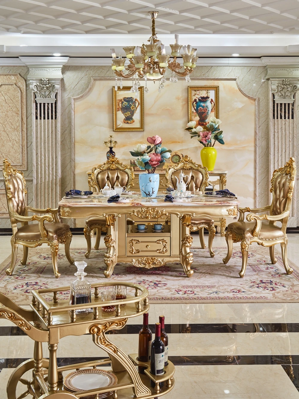 European marble dining table and chair combination rectangular solid wood luxury gold carved western dining table
European marble dining table and chair combination rectangular solid wood luxury gold carved western dining table