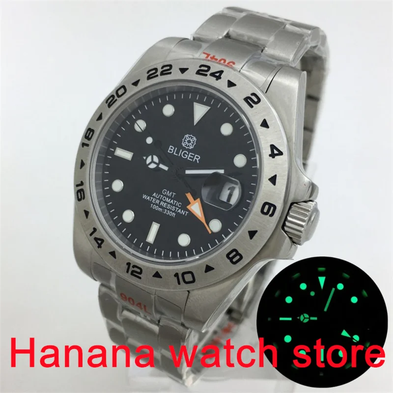 

40mm/43mm BLIGER NH34 Men's GMT Mechanical watch Black dial Green luminous sapphire Glass stainless steel waterproof clock