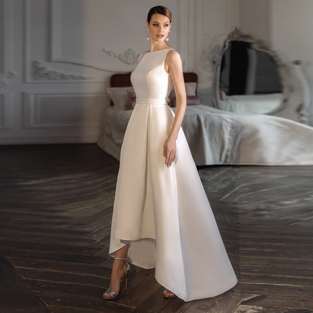 Satin Hi-Low Wedding Dresses Modern O Neck Sleeveless Simple Civil Bridal Gown For Woman Backless Custom Plus Size Vestido Novia 
Satin Hi-Low Wedding Dresses Modern O Neck Sleeveless Simple Civil Bridal Gown For Woman Backless Custom Plus Size Vestido Novia