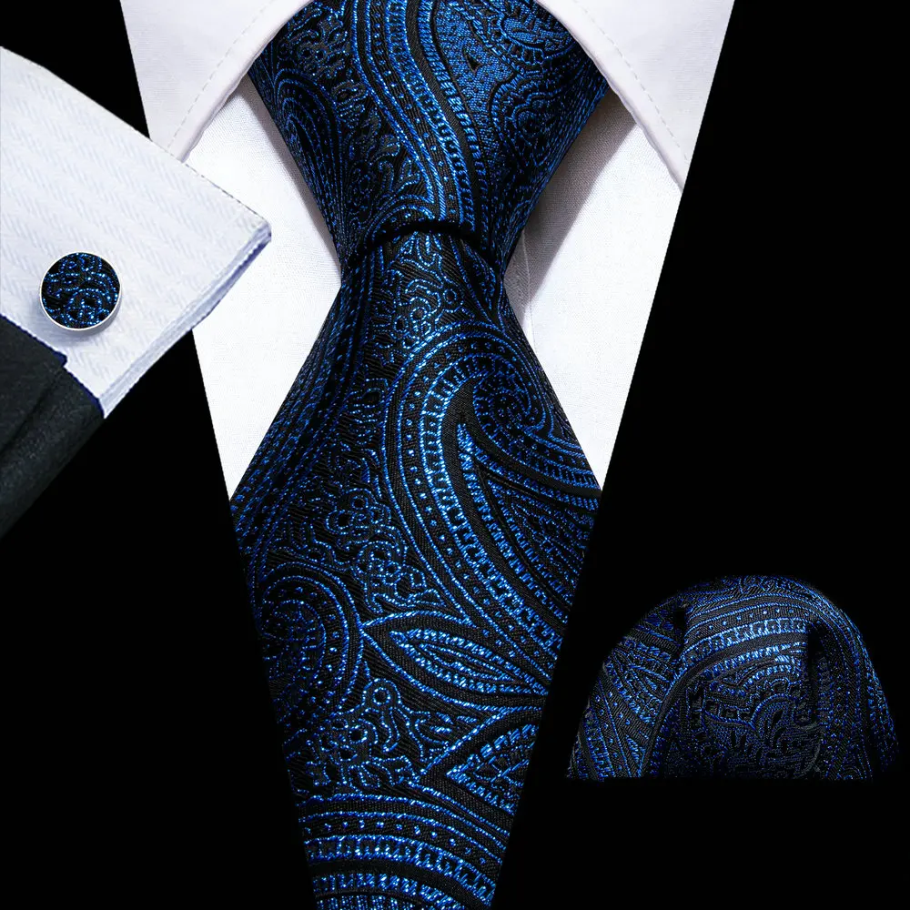 

Fashion Navy Blue Paisley Men Silk Necktie Brooches Men Tie Handkerchief Cufflinks Sets Men Gift Barry.Wang Designer FA-5835