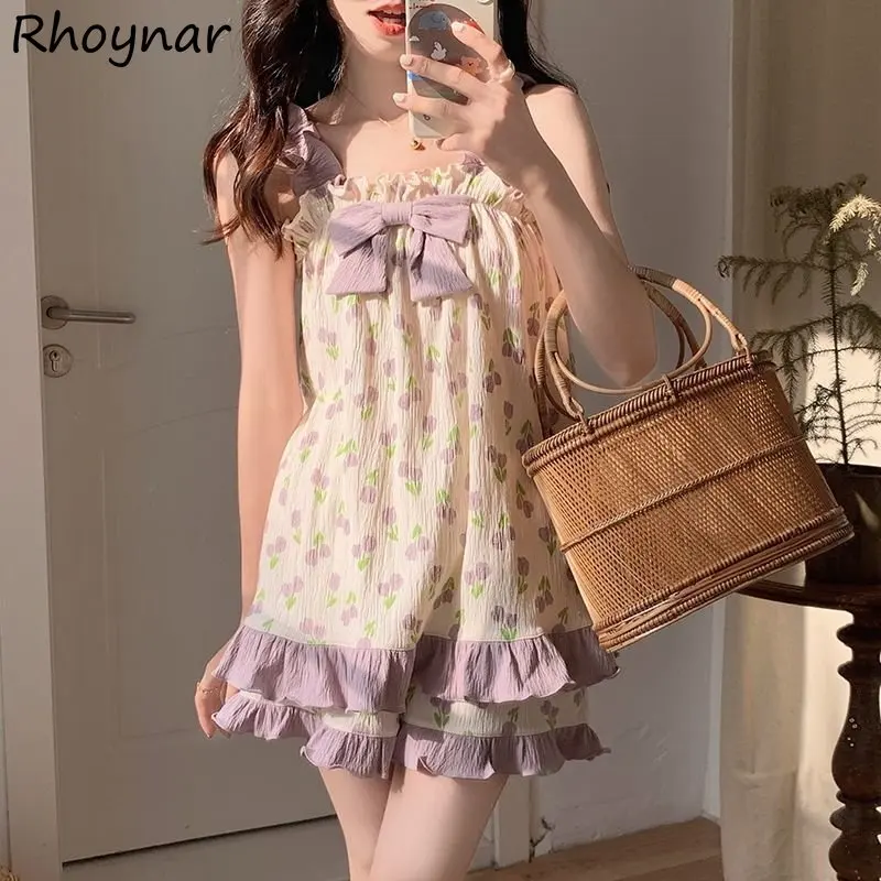 Pajama Sets Women Sweetheart Chic Ruffles Designed Girlish Lovely Bow Vintage Printed Summer Sleeveless Sleepwear Gentle Student
Pajama Sets Women Sweetheart Chic Ruffles Designed Girlish Lovely Bow Vintage Printed Summer Sleeveless Sleepwear Gentle Student