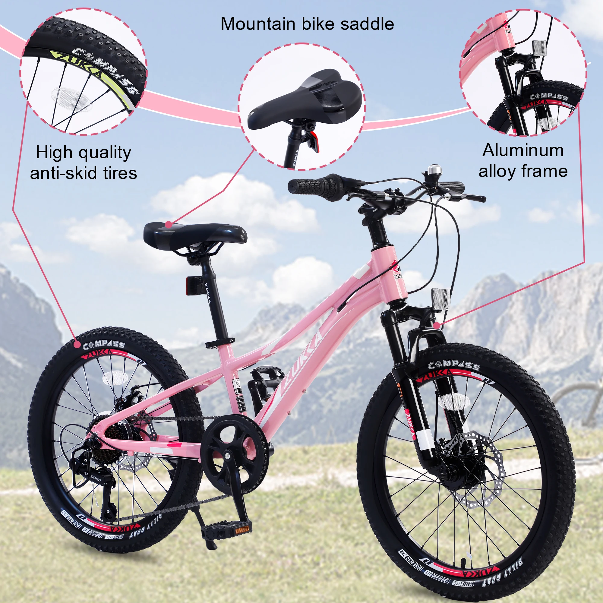 

Детский горный велосипед ZUKKA, алюминиевая рама, двойной дисковый тормоз, 7 скоростей, для детей 5-12 лет