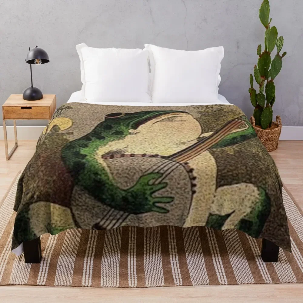 

Лягушка с банджо, винтажное иллюстрационное неизвестное художественное одеяло, пушистые одеяла, большое очень большое одеяло