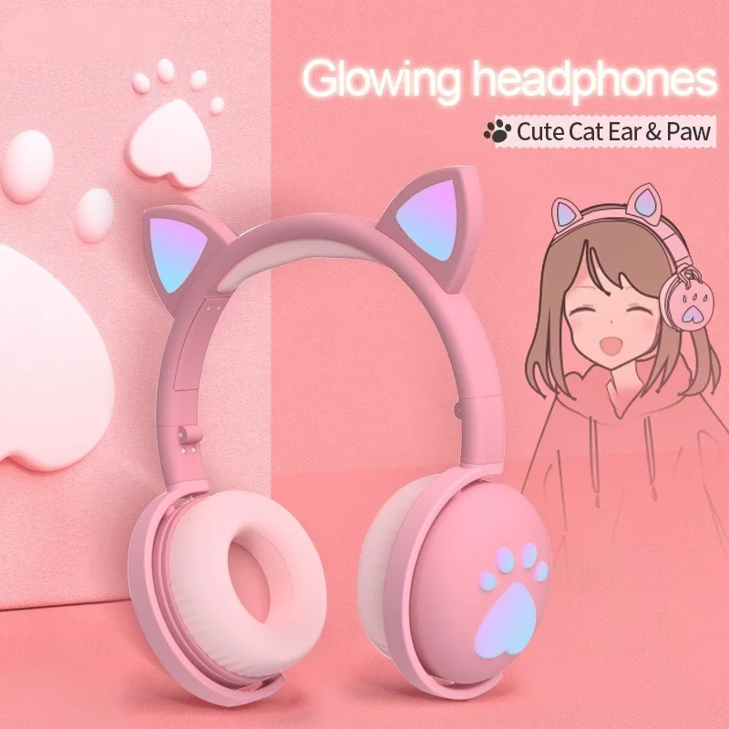 

For Bluetooth Headphones glowing cute LED Cat Ear Paw Girls Gift Kids Headset Wireless HIFI Stereo Bass 3.5mm Plug With Mic