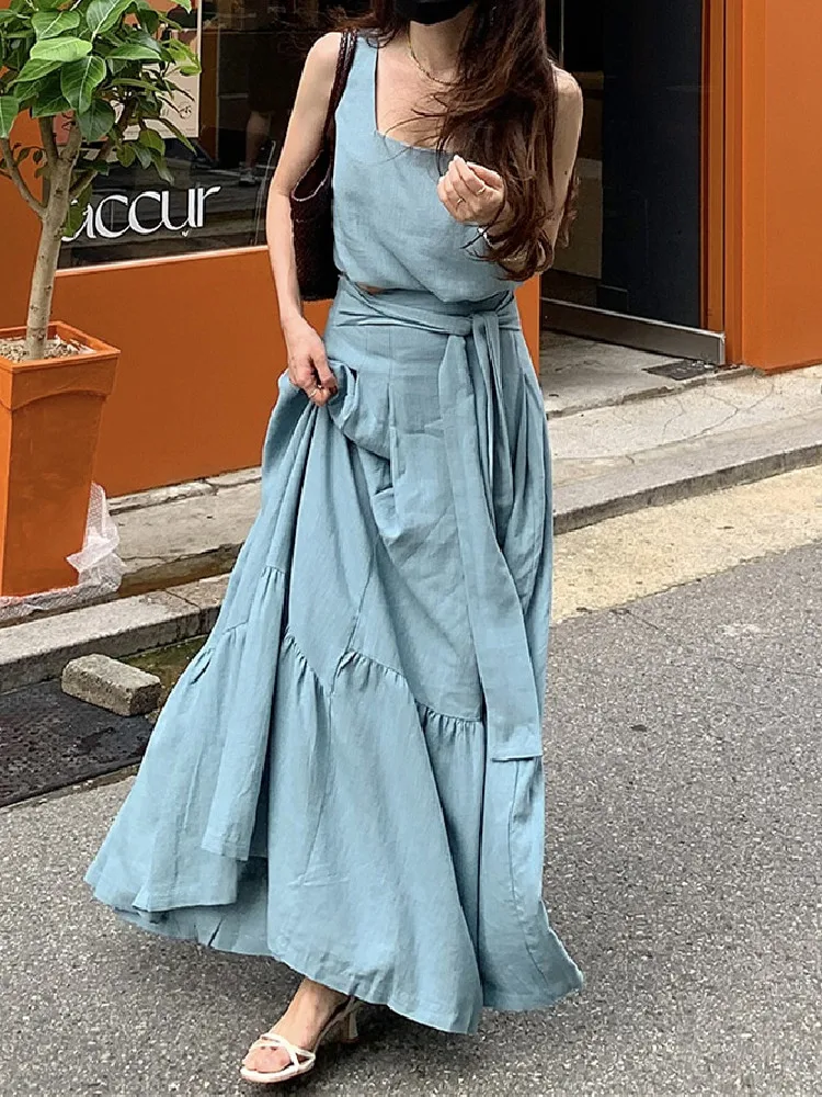 Women Summer 2 Two Piece Set Outfits Vintage Sleeveless Square Collar Tops + High Waist Loose A-line Skirt Suits
Women Summer 2 Two Piece Set Outfits Vintage Sleeveless Square Collar Tops + High Waist Loose A-line Skirt Suits