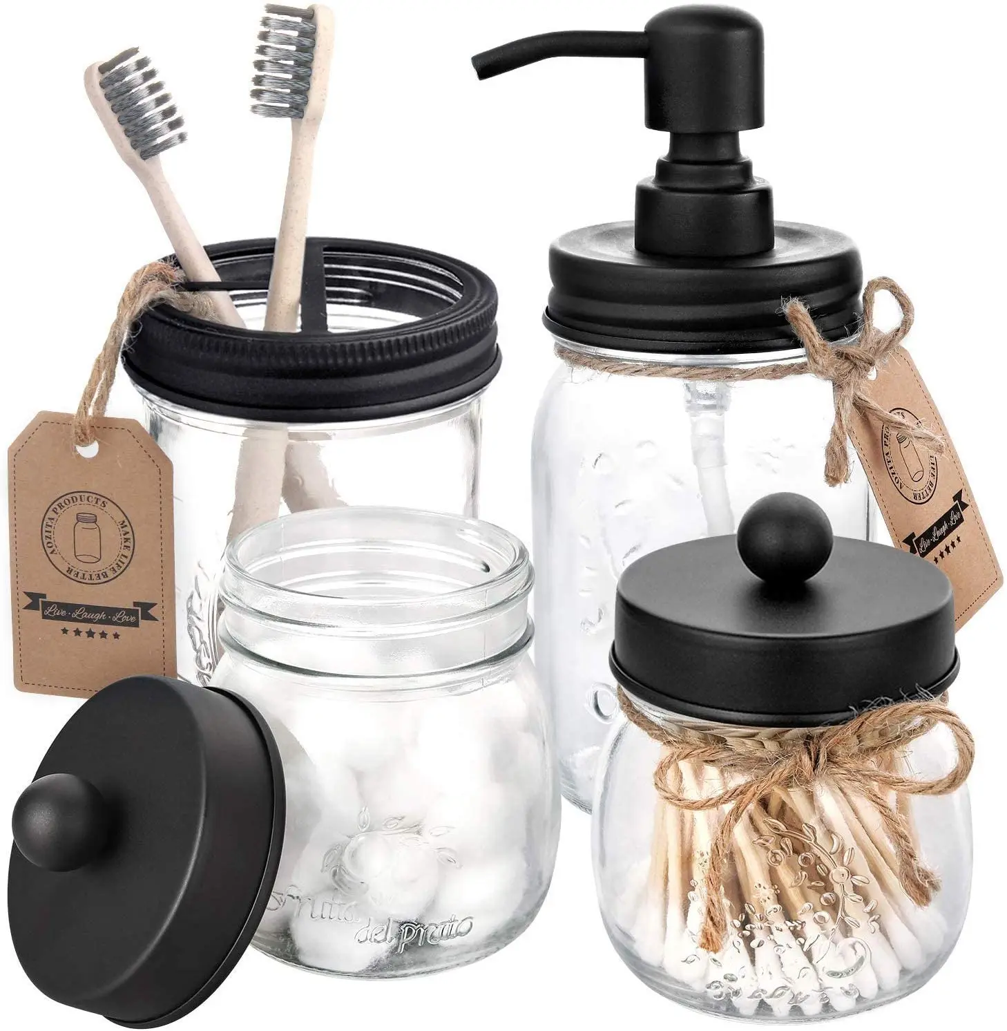 Mason Jar Bathroom Accessories Set 4 - Mason Jar Soap Dispenser & 2 Apothecary Jars & Toothbrush Holder - Restroom, Bathroom
Mason Jar Bathroom Accessories Set 4 - Mason Jar Soap Dispenser & 2 Apothecary Jars & Toothbrush Holder - Restroom, Bathroom