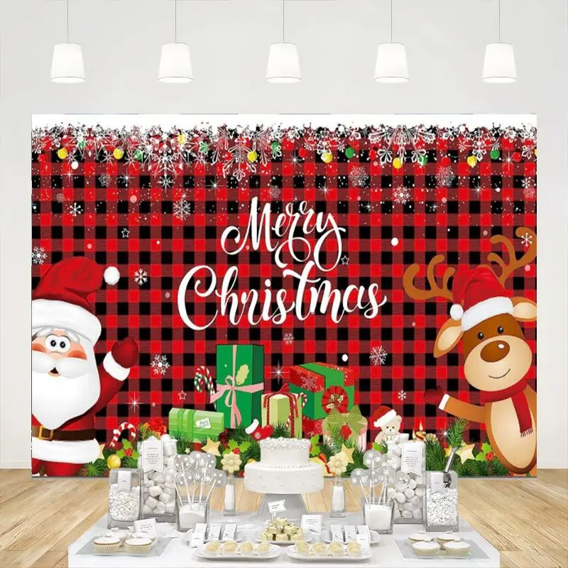

Merry Christmas Backdrop Santa Claus Reindeer Banner Background Photography Black-red Plaid Wall Party Decoration Photo Props