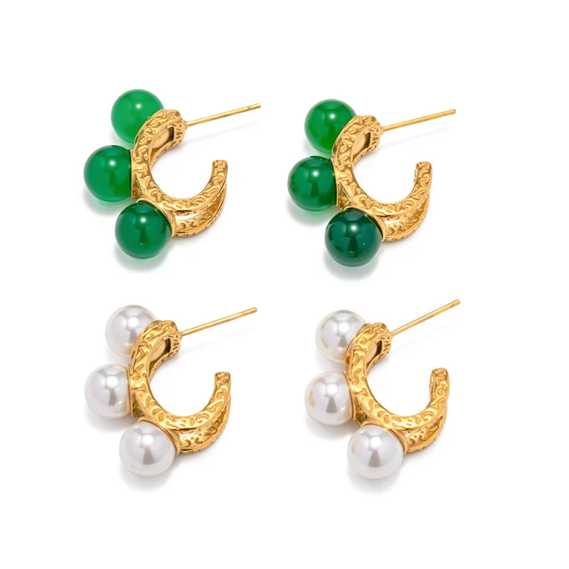 

Minar Dainty Imitation Pearl Green Semi-precious Stone Stud Earrings Women 18K Gold Titanium Steel Hammer Tone C Shape Earring