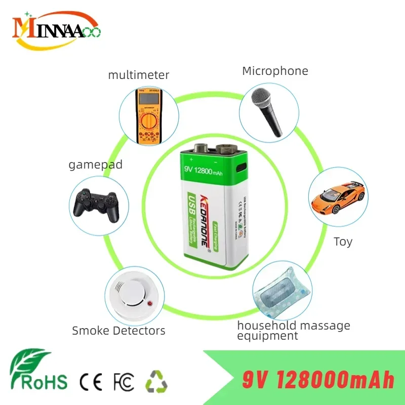 New 9V Rechargeable Battery 12800mAh 6F22 Micro USB 9v Li-ion Lithium Batteries for Multimeter Microphone Toy Remote Control KTV
New 9V Rechargeable Battery 12800mAh 6F22 Micro USB 9v Li-ion Lithium Batteries for Multimeter Microphone Toy Remote Control KTV