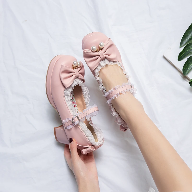 

2022 new women shoes plus size 22-28cm feet length Bow lace-paneled lace and pearls cute lolita girls shoes Mary Jane shoes