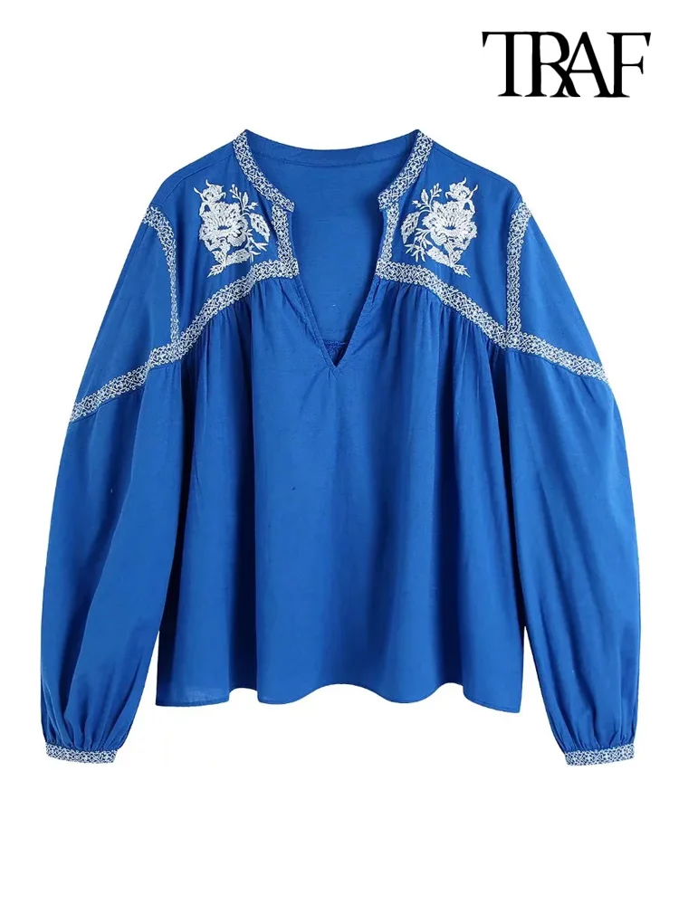 TRAF Women Fashion Contrast Embroidery Loose Blouses Vintage V Neck Long Sleeve Female Shirts Blusas Chic Tops
TRAF Women Fashion Contrast Embroidery Loose Blouses Vintage V Neck Long Sleeve Female Shirts Blusas Chic Tops