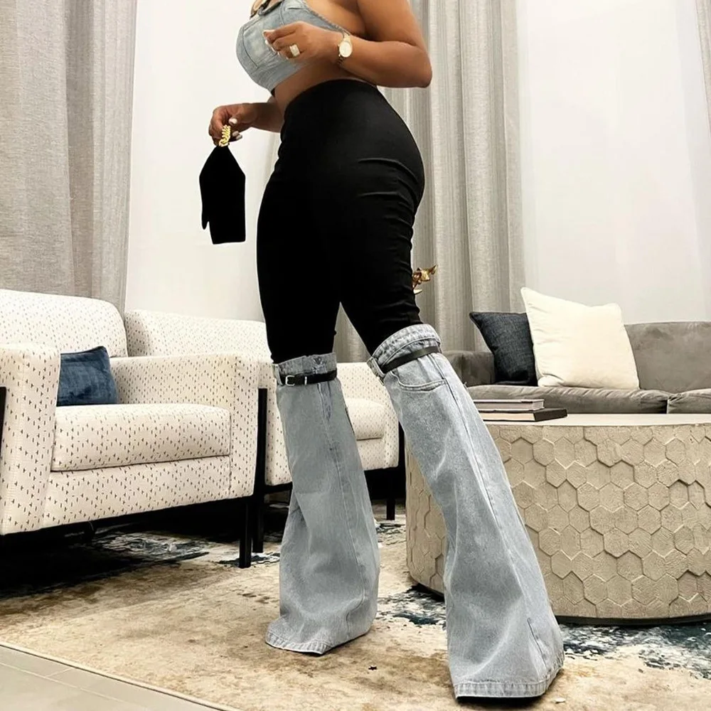contrast color high waisted jeans pants women belted knees detachable denim trousers capris pantalones wide leg bell bottoms
contrast color high waisted jeans pants women belted knees detachable denim trousers capris pantalones wide leg bell bottoms