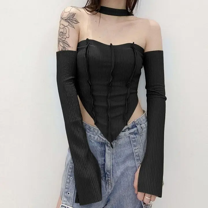 Gothic Long Sleeve T-shirts for Women Off Shoulder Crop Top Slim Sexy Tee Rib Knitting Streetwear Strapless Tank Top Party Caims
Gothic Long Sleeve T-shirts for Women Off Shoulder Crop Top Slim Sexy Tee Rib Knitting Streetwear Strapless Tank Top Party Caims