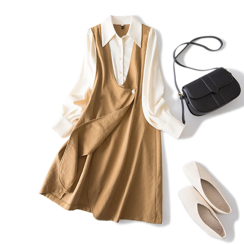 Женское лоскутное платье-рубашка, офисное платье большого размера 4XL с длинным рукавом и отложным воротником, весна-лето 2023 
Женское лоскутное платье-рубашка, офисное платье большого размера 4XL с длинным рукавом и отложным воротником, весна-лето 2023