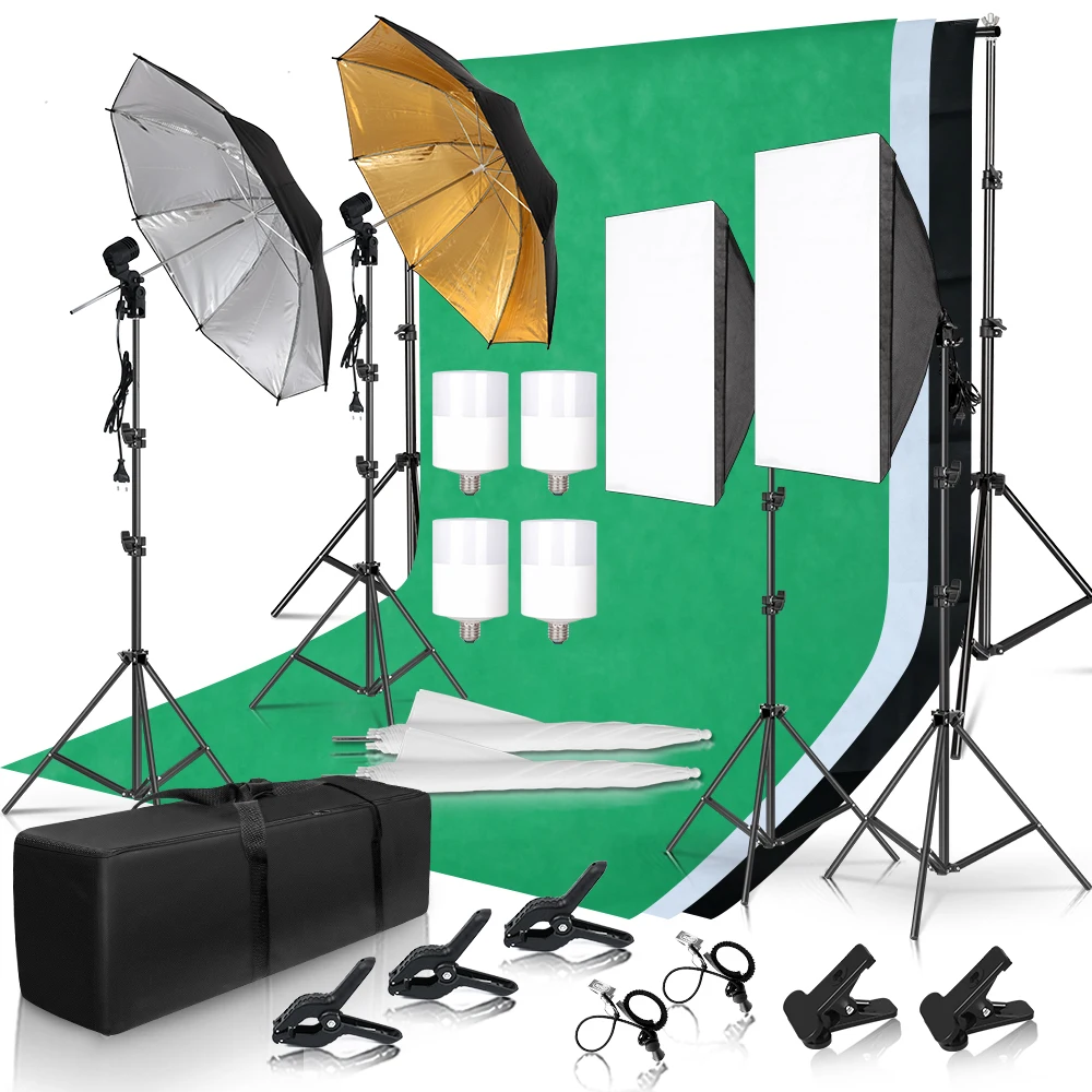 Photography Lighting Kit 2x3M Photo Background Backdrops Soft Umbrella Softbox Light Stand Portable Bag For Photo Studio Shoot
Photography Lighting Kit 2x3M Photo Background Backdrops Soft Umbrella Softbox Light Stand Portable Bag For Photo Studio Shoot