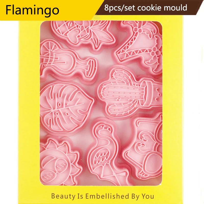 

8pcs/set Flamingo Cookie Cutter Cartoon 3D Plastic Biscuit Mould Pressable Cookie Stamp Baking Pastry Bakeware Tools