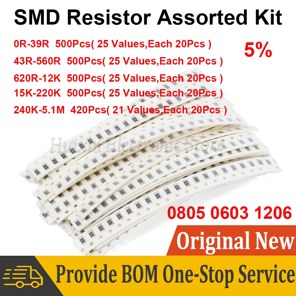 

500pcs 0805 0603 1206 SMD Resistor Kit Assorted Kit 1ohm-5.1M ohm 5% Sample Kit Each 20Pcs