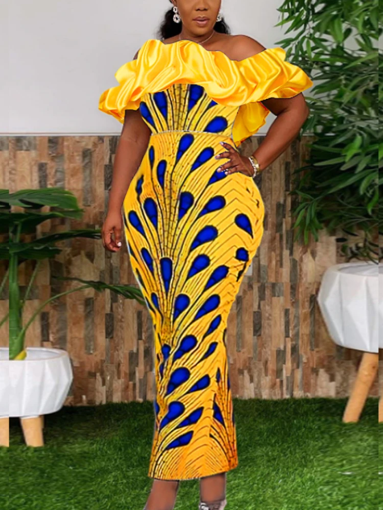 Women Party Dresses Vintage Off Shoulder Peacock Feather Print Maxi Long Robes Puff Ruffle Formal Event Cocktail African Clothes 
Women Party Dresses Vintage Off Shoulder Peacock Feather Print Maxi Long Robes Puff Ruffle Formal Event Cocktail African Clothes