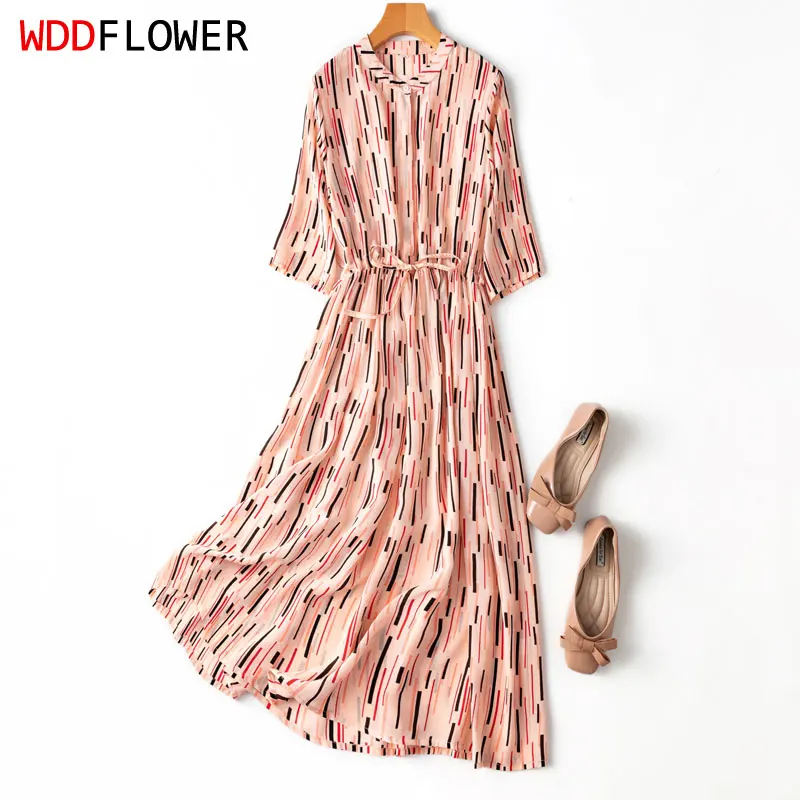 Women 100% Mulberry Silk Crepe Silk Midi Dress O Neck Pink Striped Printed Belted Waist Half Sleeve Dress L XL MM253
Women 100% Mulberry Silk Crepe Silk Midi Dress O Neck Pink Striped Printed Belted Waist Half Sleeve Dress L XL MM253