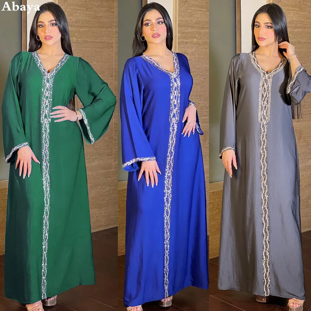 

Sparkling Sequins Beaded Patchwork Muslim Dress Abayas for Women Dubai Long Sleeves Elegant Party Robe Arabic Middle East