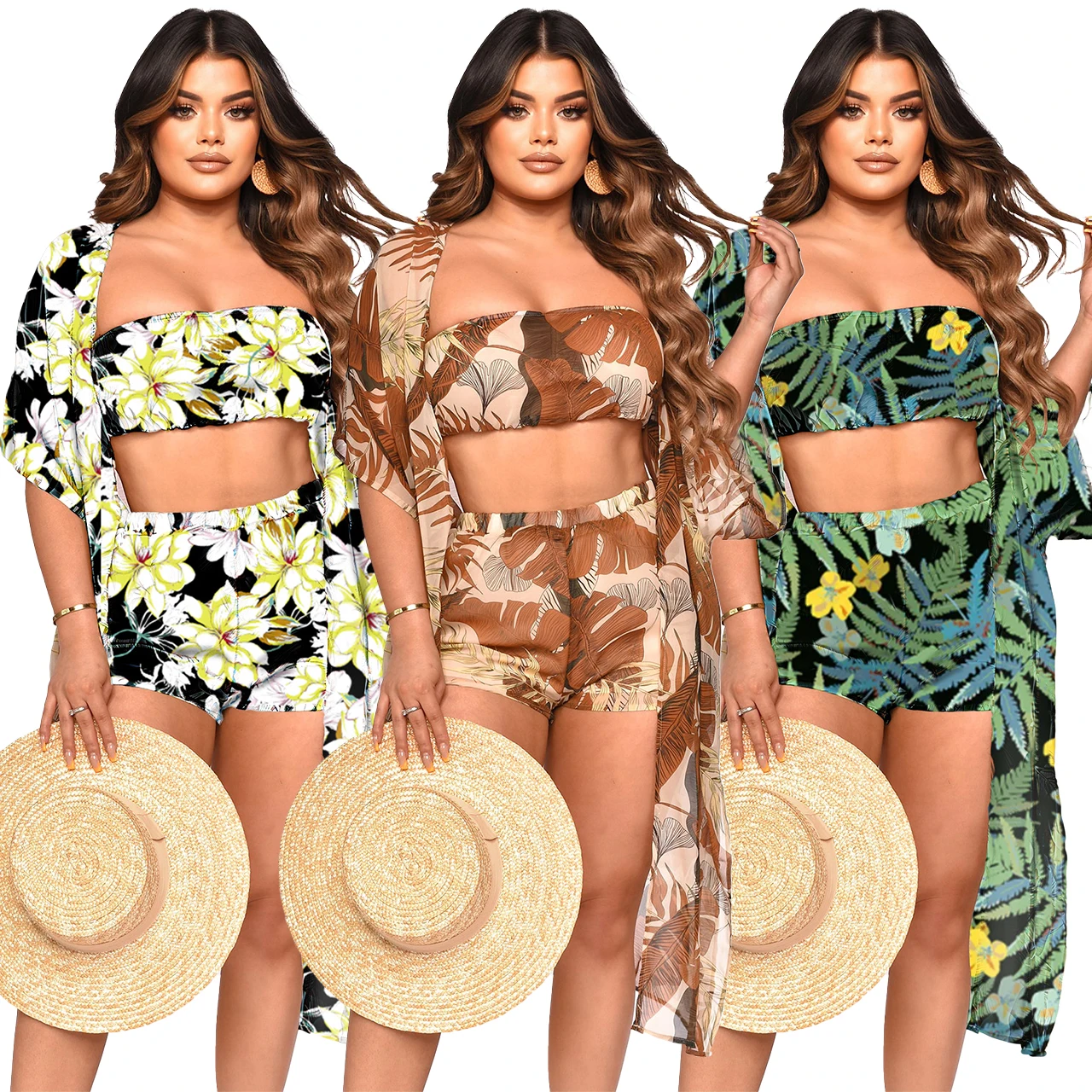 Summer Holidays Chiffon Prining Three Pieces Beach Vacation Strapless Sexy Crop Tops Short Sleeves Cardigan + Shorts
Summer Holidays Chiffon Prining Three Pieces Beach Vacation Strapless Sexy Crop Tops Short Sleeves Cardigan + Shorts