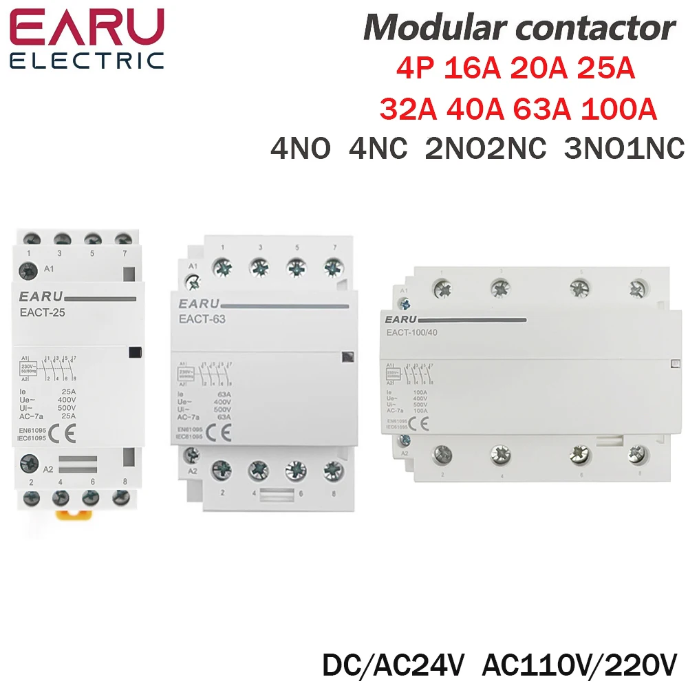 

4P 16A-100A DC24V AC220V 50/60Hz Din Rail Household AC Modular Contactor Switch Controller 4NO 4NC 2NO2NC DIY Smart Home Hotel