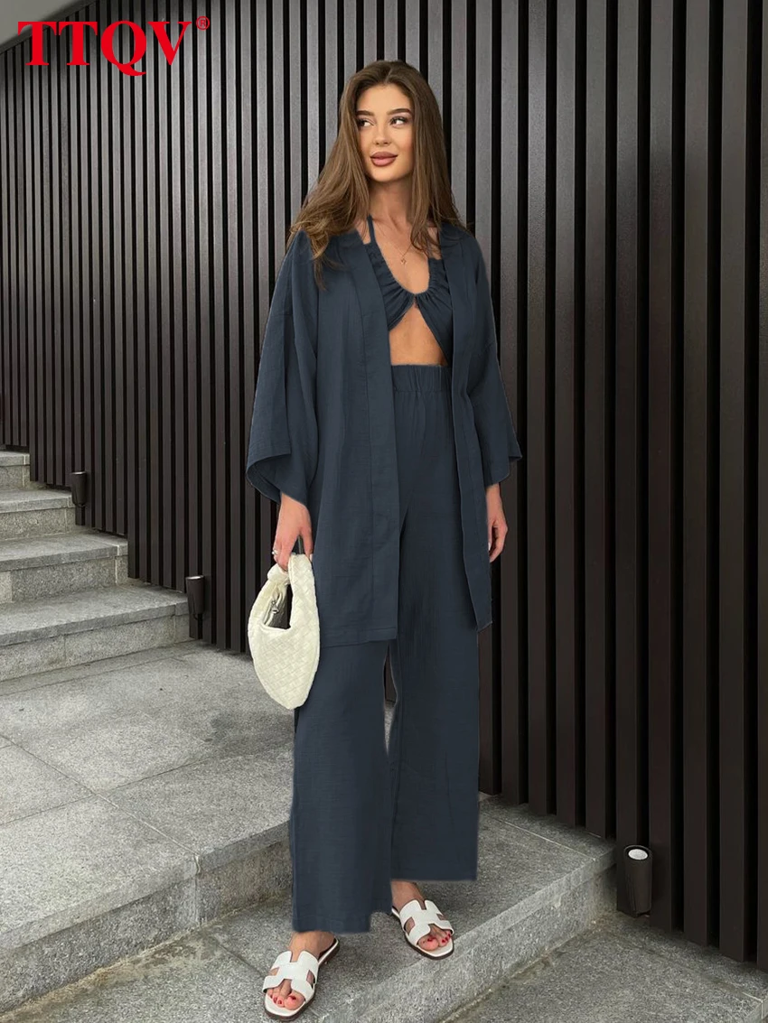 TTQV Fashion Blue Cotton Three Piece Sets Womens Outifits Autumn Long Sleeve Simple Shirts Halter Bra And Loose Trousers Sets
TTQV Fashion Blue Cotton Three Piece Sets Womens Outifits Autumn Long Sleeve Simple Shirts Halter Bra And Loose Trousers Sets