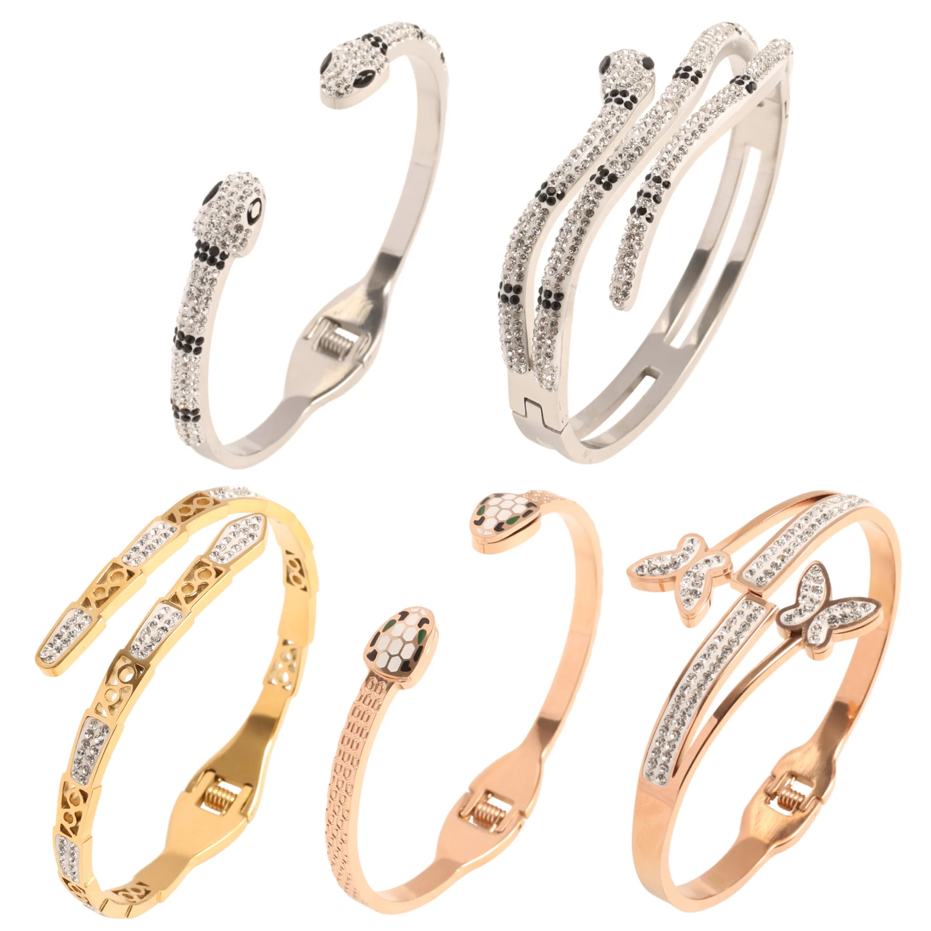 Iced Out Aesthetic Rhinestone Snake Stainless Steel Luxury Bracelets Rose Gold Plated Open Cuff Bangle for Women Gifts Wholesale 
Iced Out Aesthetic Rhinestone Snake Stainless Steel Luxury Bracelets Rose Gold Plated Open Cuff Bangle for Women Gifts Wholesale