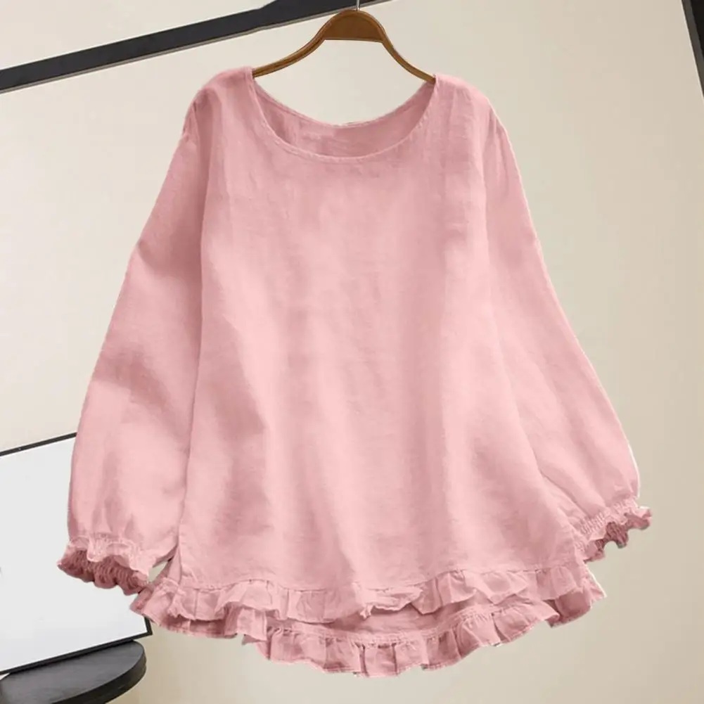 Women Blouse O-neck Long Sleeve Autumn Shirt Elastic Cuffs Ruffle Trim Loose Top Solid Color Pullover Shirt Tops Streetwear
Women Blouse O-neck Long Sleeve Autumn Shirt Elastic Cuffs Ruffle Trim Loose Top Solid Color Pullover Shirt Tops Streetwear