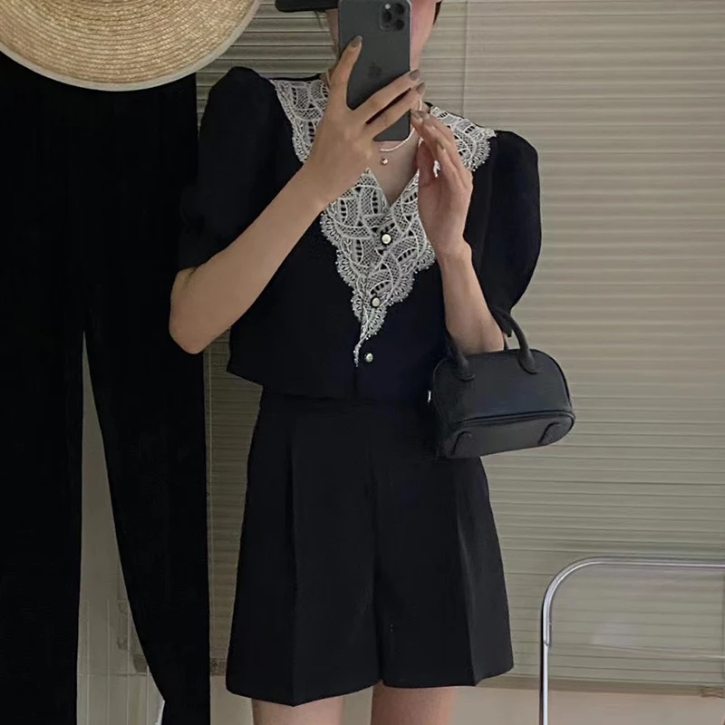 Clothland Women Vintage Black Blouse Shorts Suit Lace Short Sleeve Shirt Mini Shorts Two Piece Set Mujer TZ436
Clothland Women Vintage Black Blouse Shorts Suit Lace Short Sleeve Shirt Mini Shorts Two Piece Set Mujer TZ436