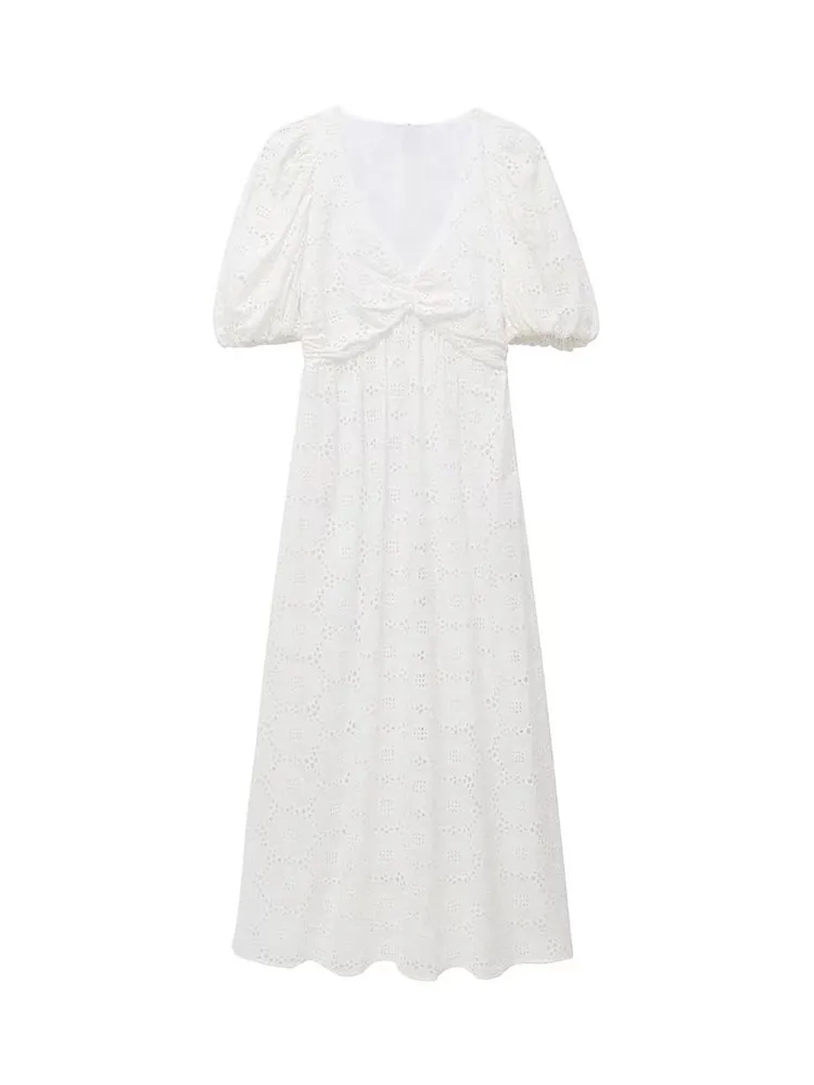 

Женское платье-миди с вышивкой, ажурное винтажное платье с V-образным вырезом и пышными рукавами, весна 2022