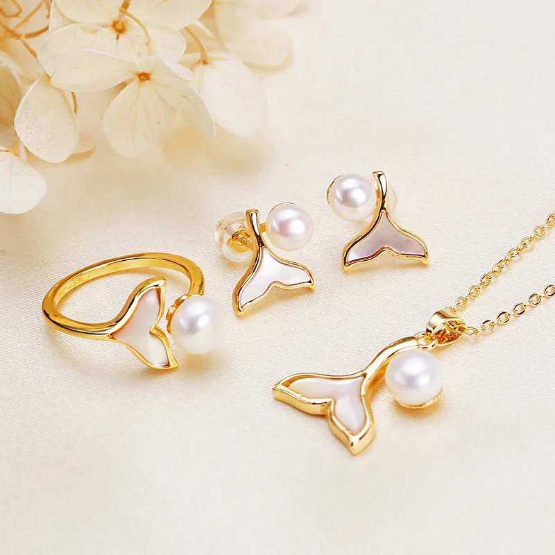 Freshwater Pearl Set for Woman Sea Shell Fishtail Ring Ear Stud Pendant Necklace Three-Piece Set Jewelry Pearl Ornament
Freshwater Pearl Set for Woman Sea Shell Fishtail Ring Ear Stud Pendant Necklace Three-Piece Set Jewelry Pearl Ornament