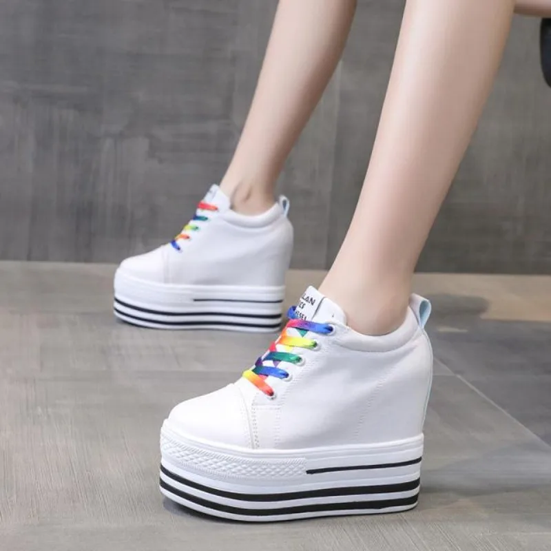 

10CM Heels Wedge Canvas Shoes Woman High Platform Sneakers Vulcanized Shoes Hidden Heel Height Increasing Casual Shoes