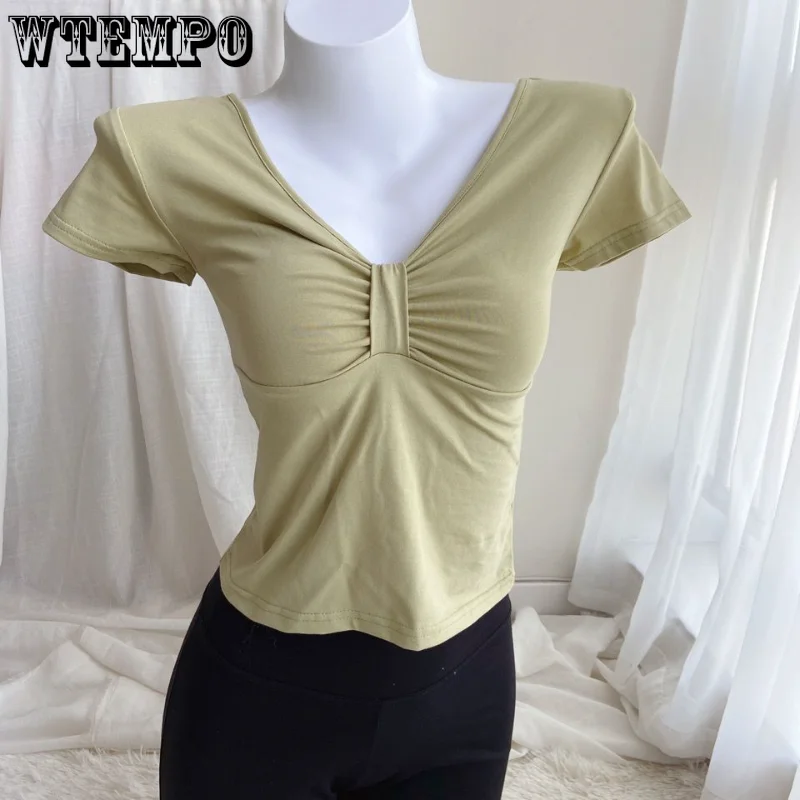 FoldsV-neck Short Sleeve T-shirt Women Slim Short Top Sweet Simple Casual Solid Basic Korean Fashion Summer Wholesale
FoldsV-neck Short Sleeve T-shirt Women Slim Short Top Sweet Simple Casual Solid Basic Korean Fashion Summer Wholesale