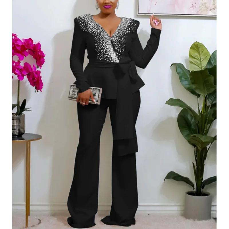 2023 Autumn Elegant New Fashion Women Pants Set Diamond V Neck lace Up Top and Floor Length Pants Set Woman Party Suits
2023 Autumn Elegant New Fashion Women Pants Set Diamond V Neck lace Up Top and Floor Length Pants Set Woman Party Suits