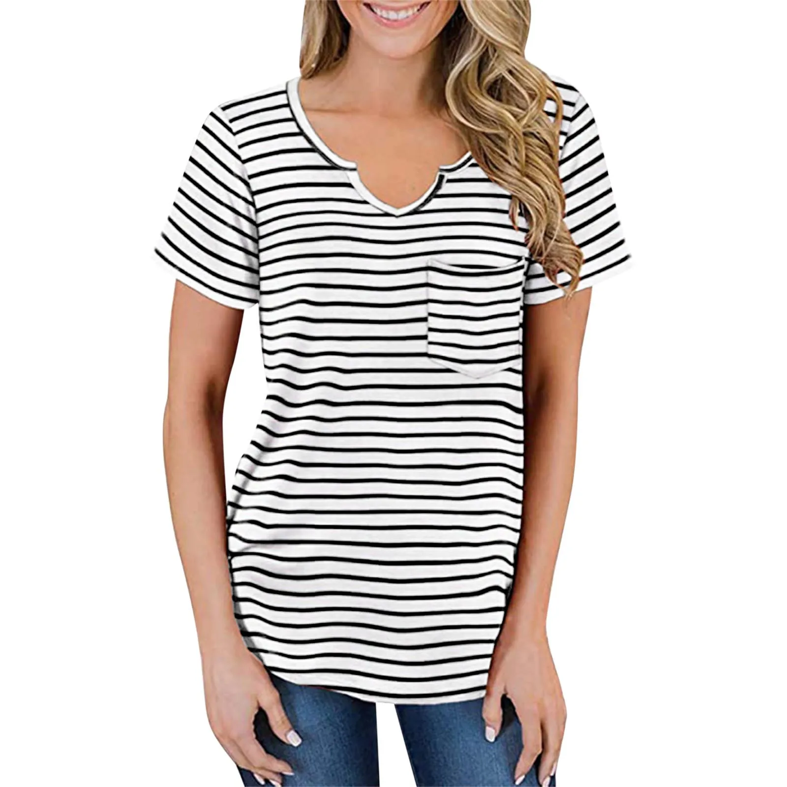 Womens Summer Fashion Short Sleeve V Neck Pocket T Shirt Striped Womens Graphic Long Sleeve T Shirts 100 Polyester Shirts Women
Womens Summer Fashion Short Sleeve V Neck Pocket T Shirt Striped Womens Graphic Long Sleeve T Shirts 100 Polyester Shirts Women