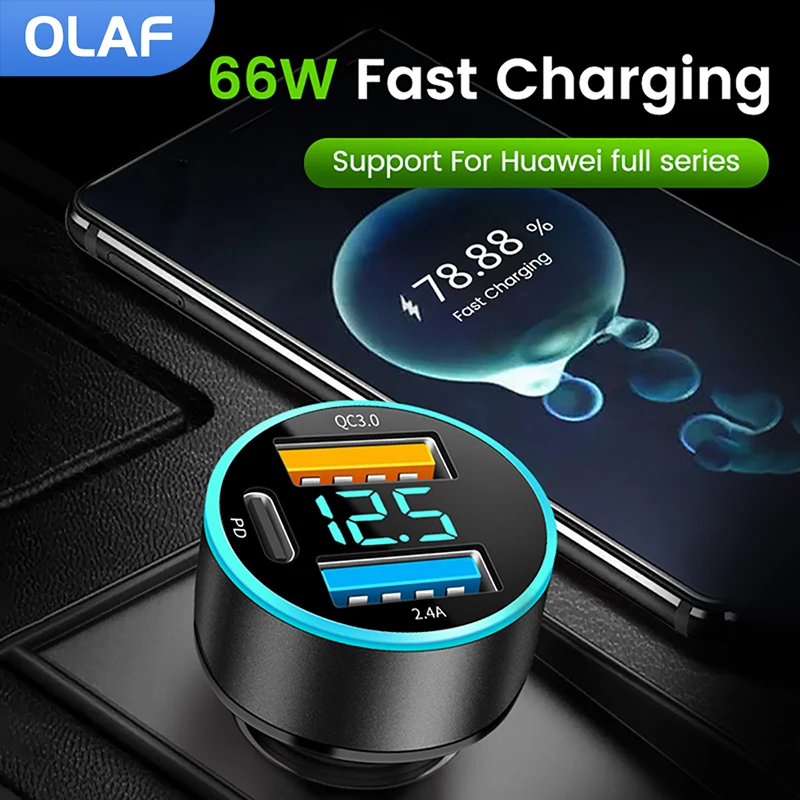 

Olaf 66W USB Car Charger 3 Ports PD Type C QC3.0 Fast Charging Adapter For iphone 14 13 Samsung Xiaomi Huawei Car Phone Charger