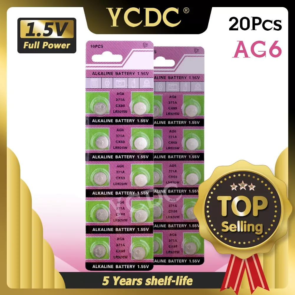 NEW Button Battery 20pcs AG6 1.55V Button Coin Cells AG6 Bateria Alkaline Batteries SR920SW SR69 SR921 V371 D371 605 S921E
NEW Button Battery 20pcs AG6 1.55V Button Coin Cells AG6 Bateria Alkaline Batteries SR920SW SR69 SR921 V371 D371 605 S921E