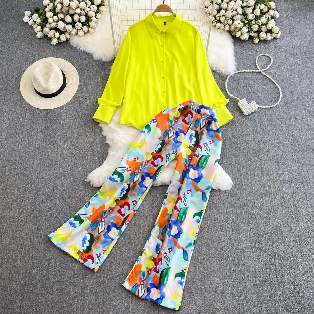 

Элегантный и шикарный летний модный брючный костюм, Женская винтажная желтая рубашка, топ, брюки с принтом, женский пляжный богемный комплект из 2 предметов, Новинка