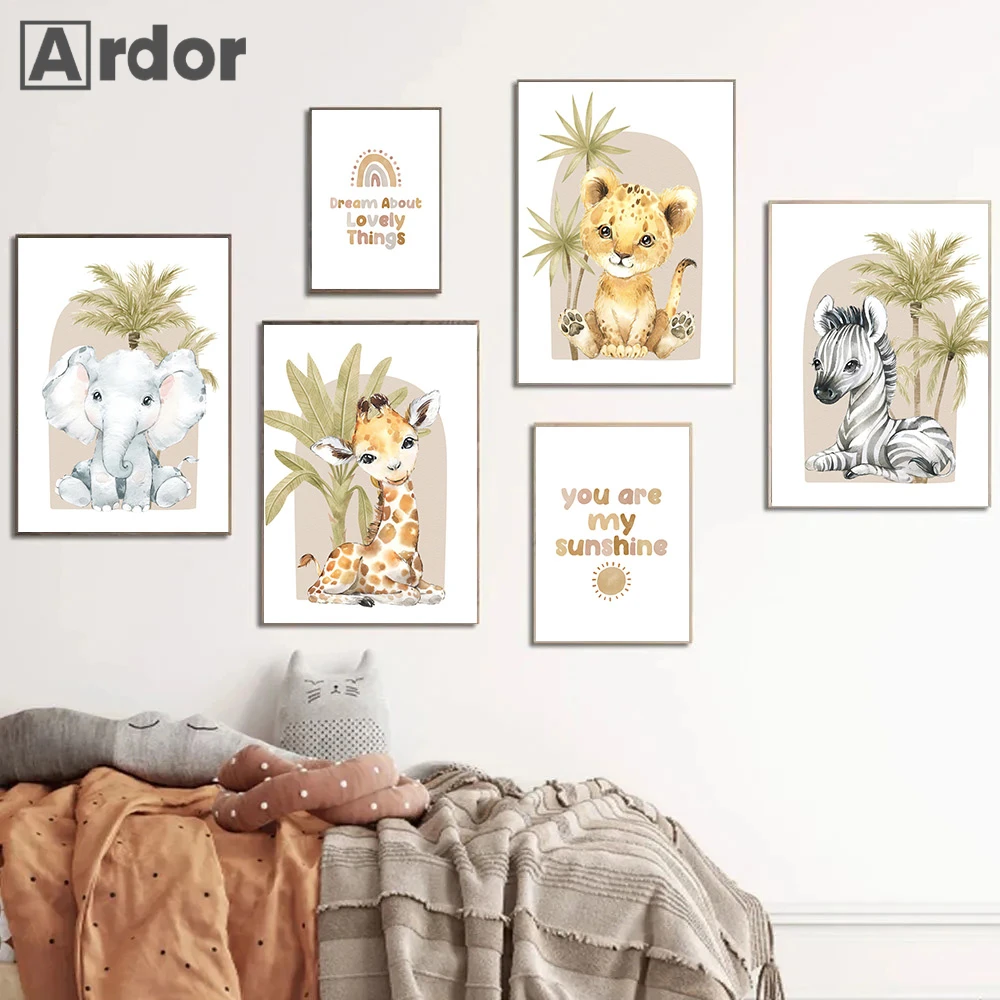 

Palm Tree Baby Animals Print Lion Elephant Giraffe Wall Art Canvas Painting Zebra Poster Nursery Wall Pictures Kids Room Decor