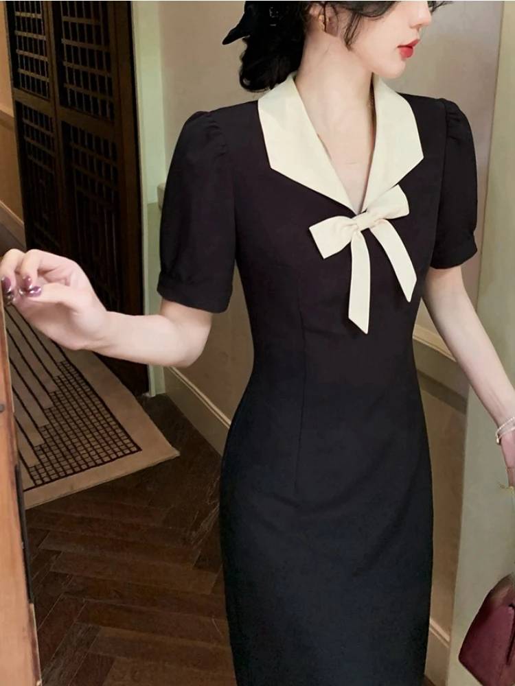 

Женское винтажное платье средней длины, черное элегантное платье во французском стиле с коротким рукавом, повседневное приталенное платье для вечеринки, корейское шикарное платье с бантом, лето 2022