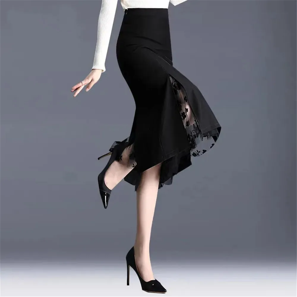 

Women Irregular Mesh Skirt Band Splice High Waist Skirt Knee Khaki Split Office Lady Skirt Fashion Casual Street Wear 2023