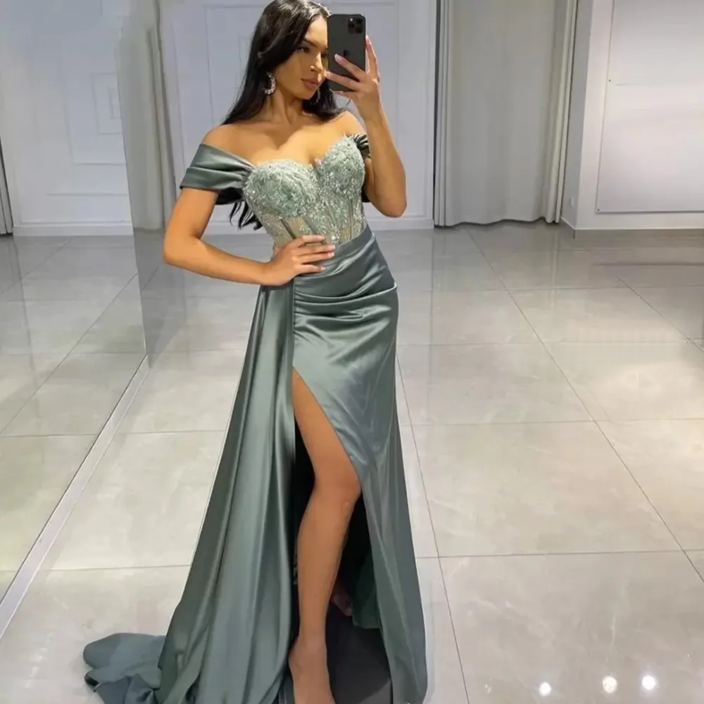 Formal Evening Dresses Mermaid Off-Shoulder Floor-Length Sweep Train Beaded Applique Lace Satin long Backless Split Illusion
Formal Evening Dresses Mermaid Off-Shoulder Floor-Length Sweep Train Beaded Applique Lace Satin long Backless Split Illusion