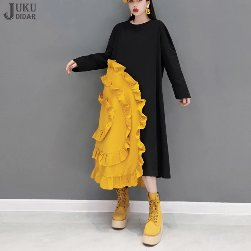 Loose Fit Big Size Autumn Woman Fashion Long Black Dress Large Orange Flower Ruffle Casual Cotton Dress Robe Femme Style JJXD168
Loose Fit Big Size Autumn Woman Fashion Long Black Dress Large Orange Flower Ruffle Casual Cotton Dress Robe Femme Style JJXD168