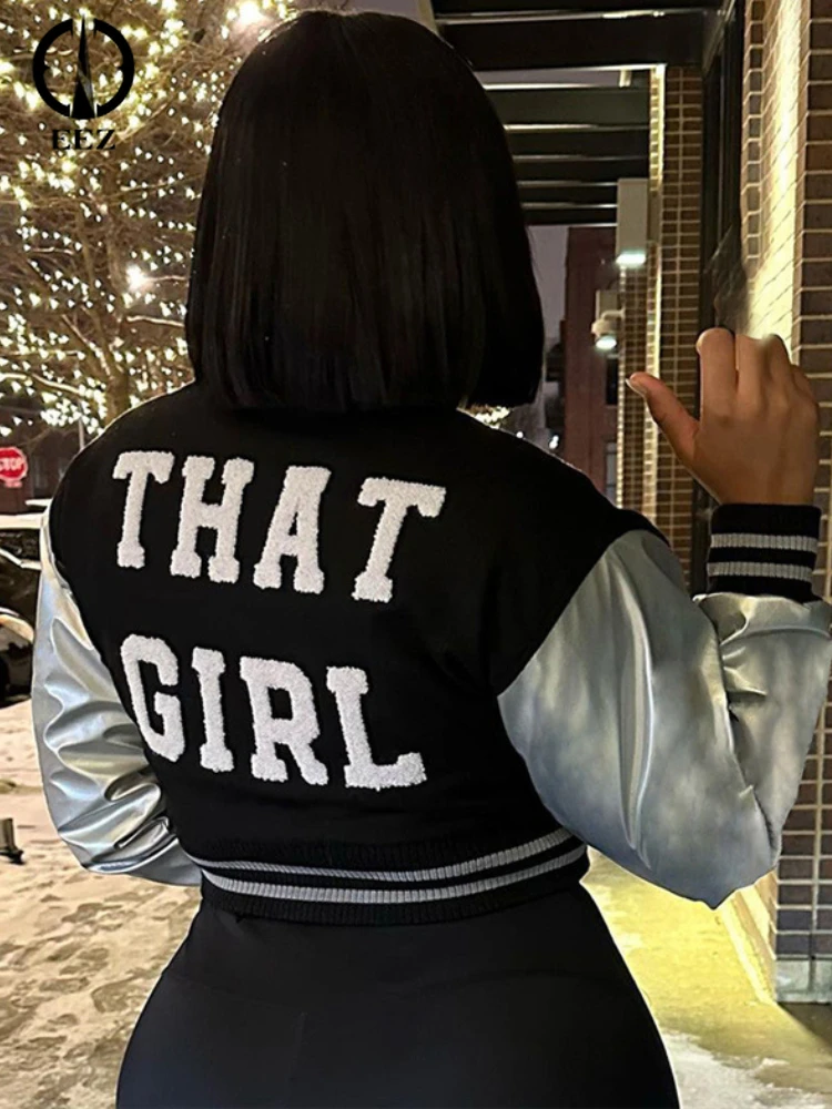 Metallic Letter Embroidery Short Jacket Women Hipster Leather Sleeve Patchwork Baseball Single Breasted Coat Y2K Winter Clothes
Metallic Letter Embroidery Short Jacket Women Hipster Leather Sleeve Patchwork Baseball Single Breasted Coat Y2K Winter Clothes