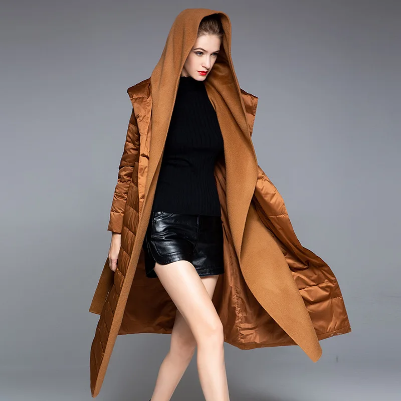 New European-style spliced white eiderdown down jacket women's long lace up with hooded thick winter coat
New European-style spliced white eiderdown down jacket women's long lace up with hooded thick winter coat