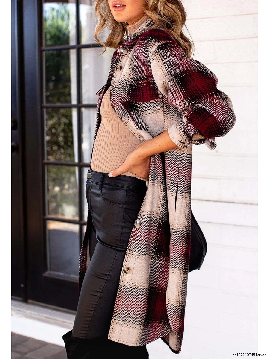 Women's Woolen Plaid Coat Lapel Collar Long Sleeve Buttons Contrast Color Lattice Long Jacket Garment Autumn Winter Overcoat
Women's Woolen Plaid Coat Lapel Collar Long Sleeve Buttons Contrast Color Lattice Long Jacket Garment Autumn Winter Overcoat