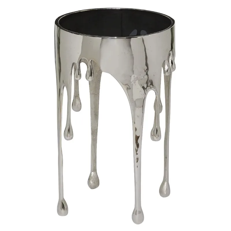

DecMode 16"W, 25"H Contemporary Accent Table with Tempered Glass Top, Raw Aluminum Finish with Melting Silver Design