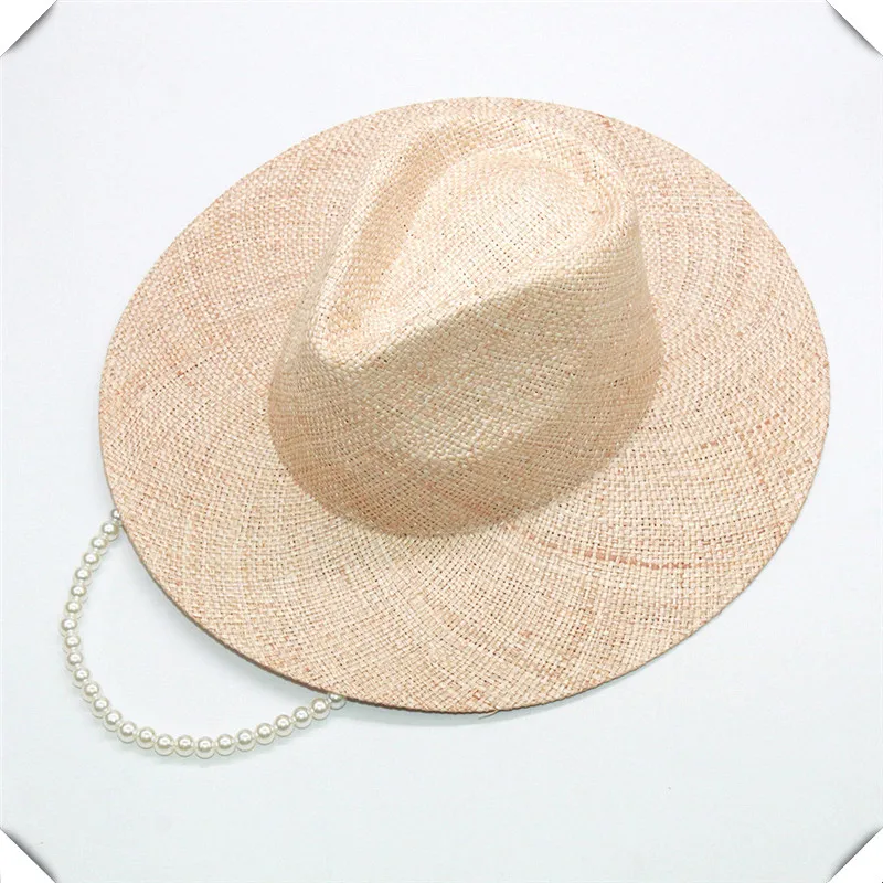 

202208-shi Dropshipping natural treasure grass handmade pearl chain lady fedoras cap women leisure panama jazz hat