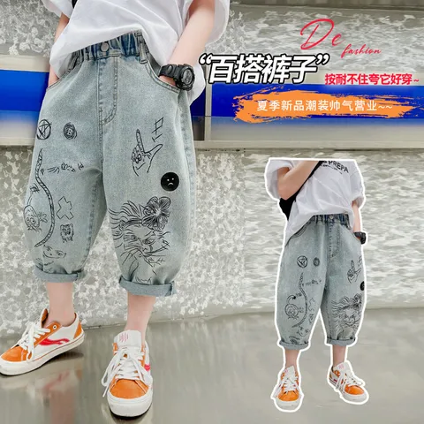 Летние джинсы для мальчиков, повседневный стиль, застежка на пуговицах, возраст 4–15 лет, облегающие джинсовые брюки с принтом